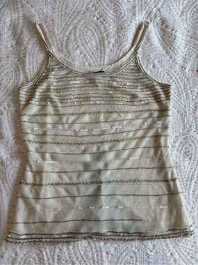 Adrianna Papell Evening Essentials Cream Pearl and Silver Beaded Top Size M